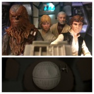 The pilots quickly operate controls as the pirateship begins to shudder. Han, impatiently, snaps his order again. HAN: “Chewie, lock in the auxiliary power.” The cockpit lurches more and more violently. Chewie begins to talk to Han in his language of growls, getting louder and more panicky. LUKE: "Why are we still moving towards it?” HAN: "We're caught in a tractor beam! It's pulling us in!” Through the windows, they continue closing in on the Death Star. #starwars #anhwt #toyshelf